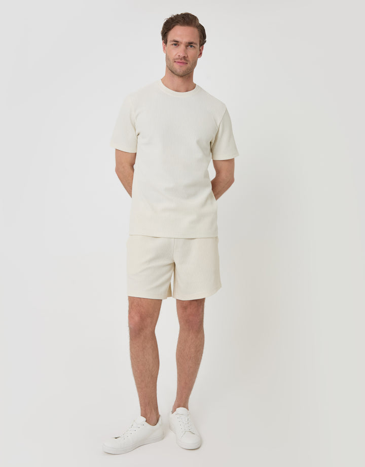Threadbare Textured Rib Cotton Crew Neck T-Shirt in Ecru - outfit view