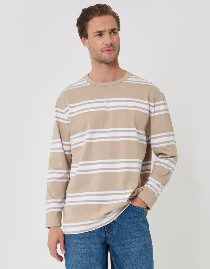 Threadbare Cotton Jersey Long Sleeve T-Shirt in Stone Stripe - front view