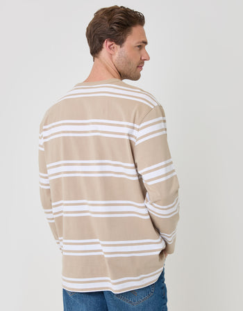 Threadbare Cotton Jersey Long Sleeve T-Shirt in Stone Stripe - back view