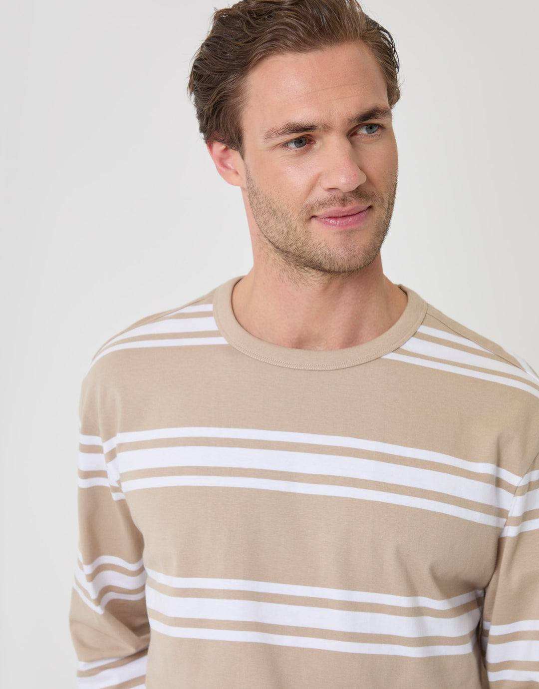 Threadbare Cotton Jersey Long Sleeve T-Shirt in Stone Stripe - chest detail