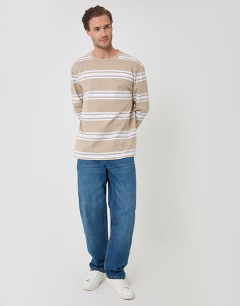 Threadbare Cotton Jersey Long Sleeve T-Shirt in Stone Stripe - full outfit