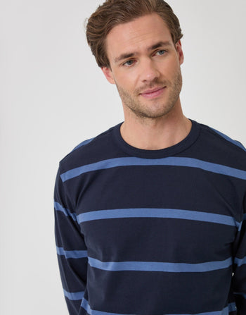 Threadbare Cotton Jersey Long Sleeve T-Shirt in Navy Stripe - chest detail view
