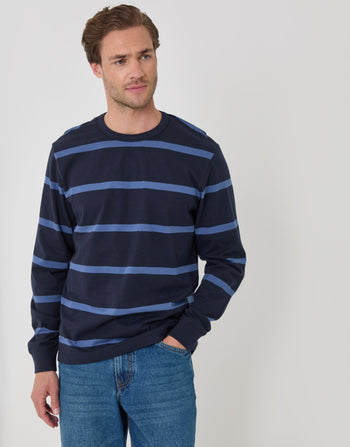 Threadbare Cotton Jersey Long Sleeve T-Shirt in Navy Stripe - front view