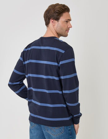 Threadbare Cotton Jersey Long Sleeve T-Shirt in Navy Stripe - back view