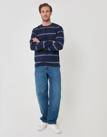 Threadbare Cotton Jersey Long Sleeve T-Shirt in Navy Stripe - full outfit view