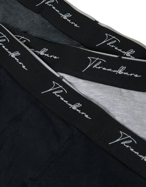 Threadbare 3 Pack Dark Mix Hipster Fit Script Boxer Shorts in Black, Grey Marl & Charcoal - 3-pack flat lay, waistband close up