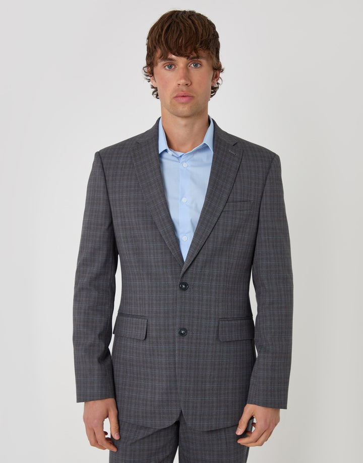 Threadbare Regular Fit Cotton Rich Blazer in Grey Check - front view