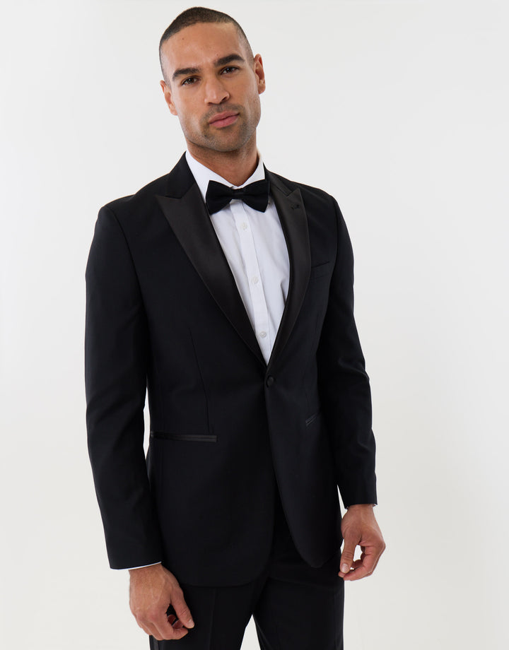 Tailored Fit Blazer with Satin Lapel in Black