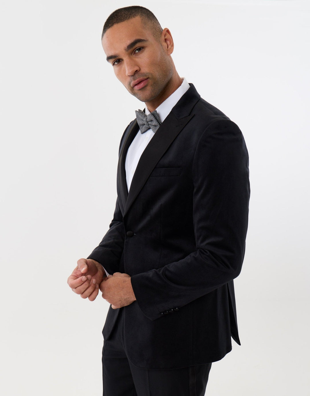 Tailored Fit Velvet Blazer with Satin Lapel in Black