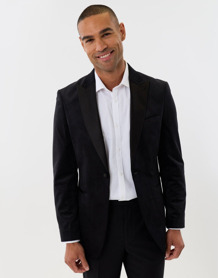 Tailored Fit Velvet Blazer with Satin Lapel in Black