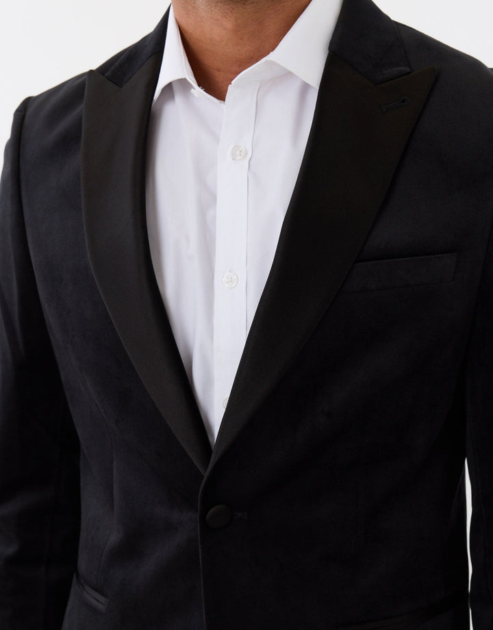 Tailored Fit Velvet Blazer with Satin Lapel in Black