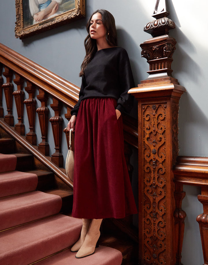 Berry Red Corduroy Pull On Midaxi Skirt