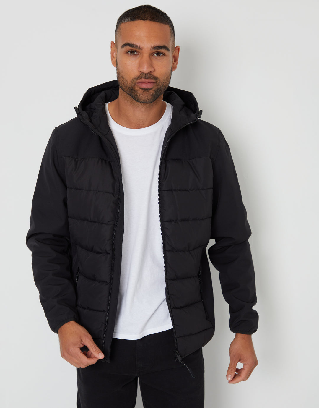 Black Padded Chest Hooded Jacket