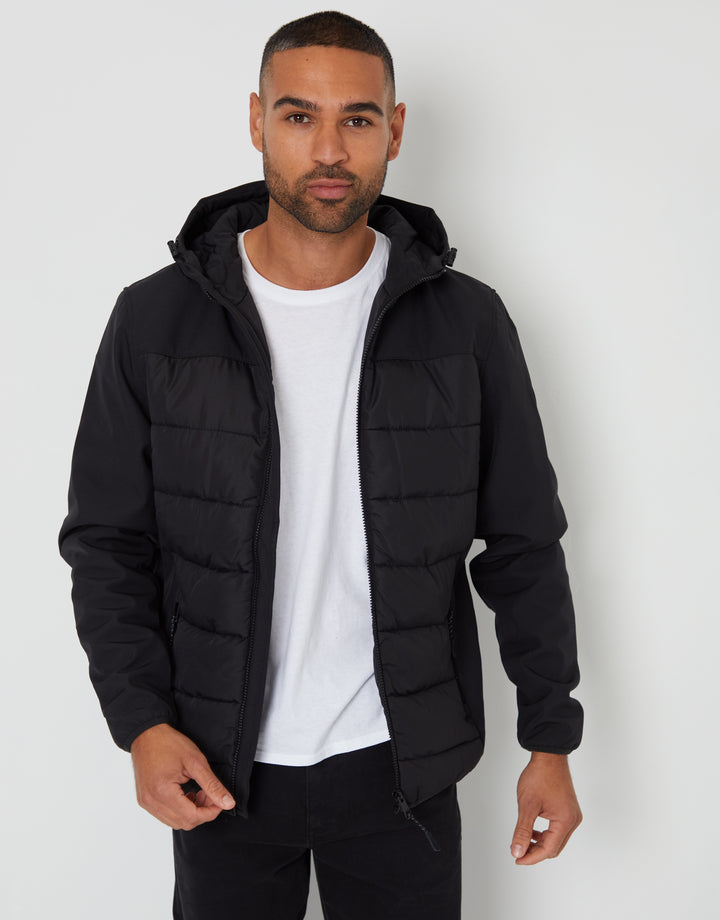 Black Padded Chest Hooded Jacket