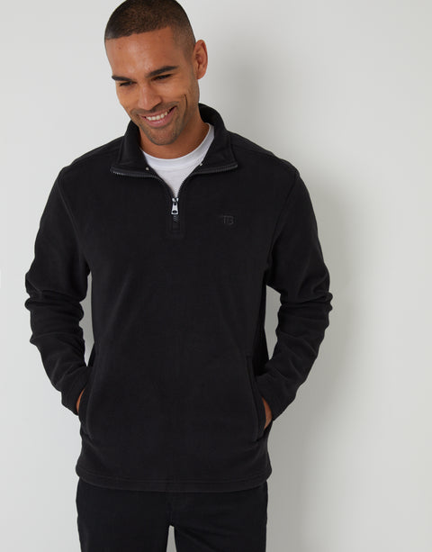 Threadbare Quarter Zip Microfleece Sweatshirt in Black - front view