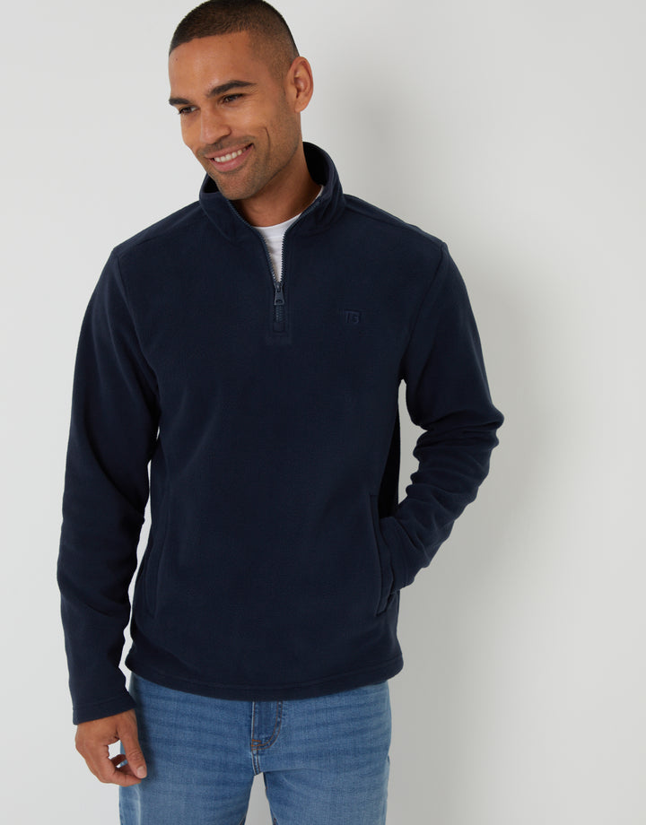 Threadbare Quarter Zip Microfleece Sweatshirt in Navy - front view