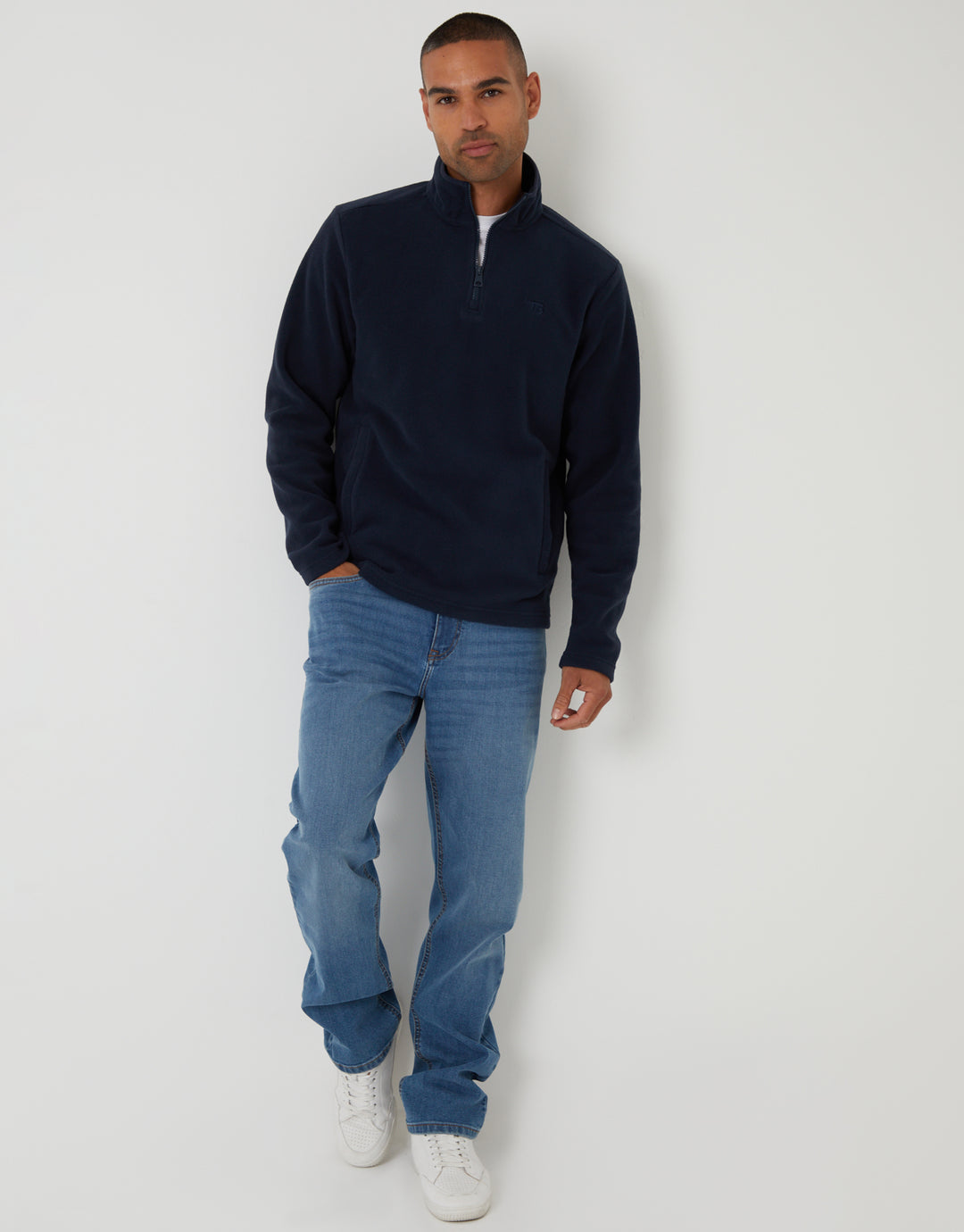 Threadbare Quarter Zip Microfleece Sweatshirt in Navy - full body