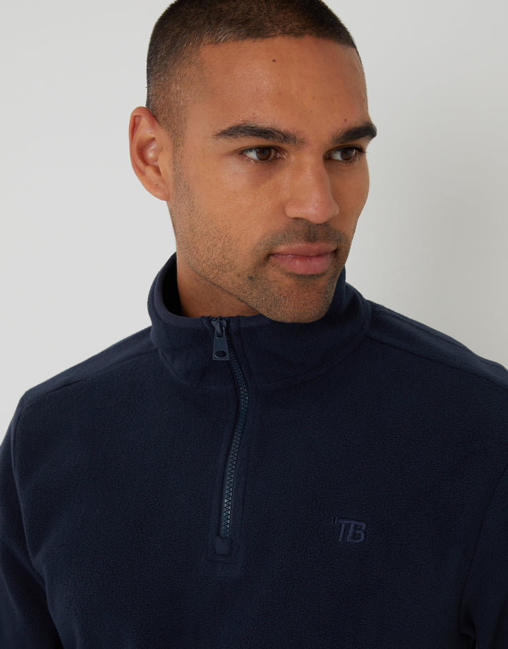 Threadbare Quarter Zip Microfleece Sweatshirt in Navy - front view close up