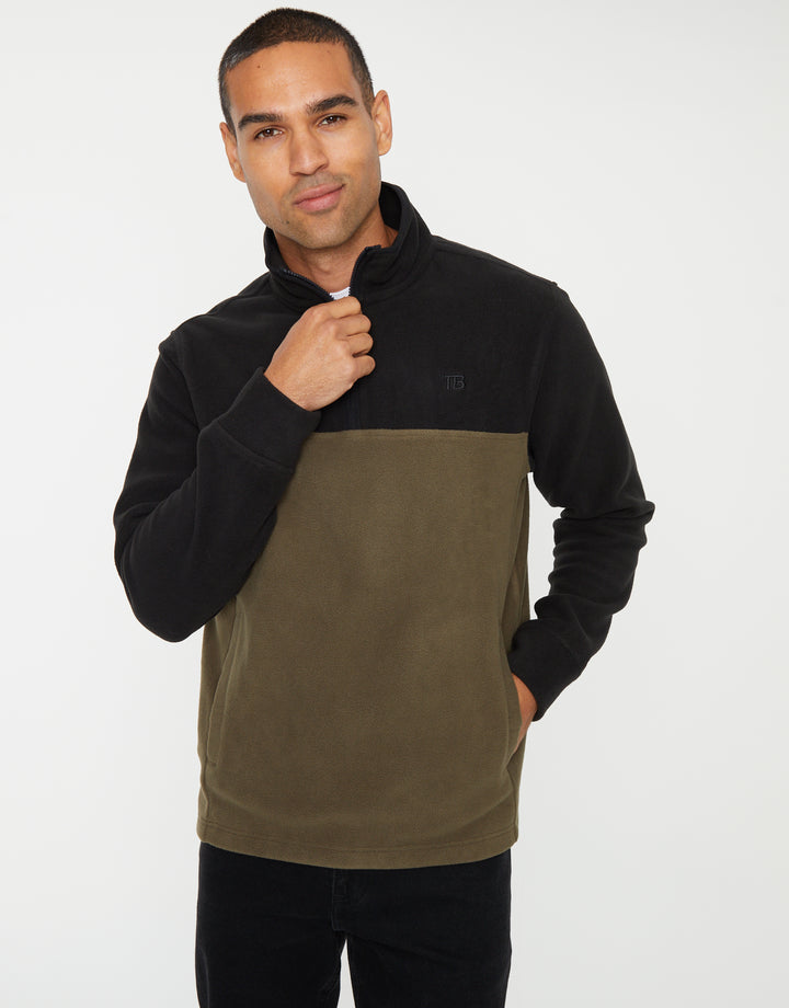 Black & Khaki Colourblock Quarter Zip Fleece