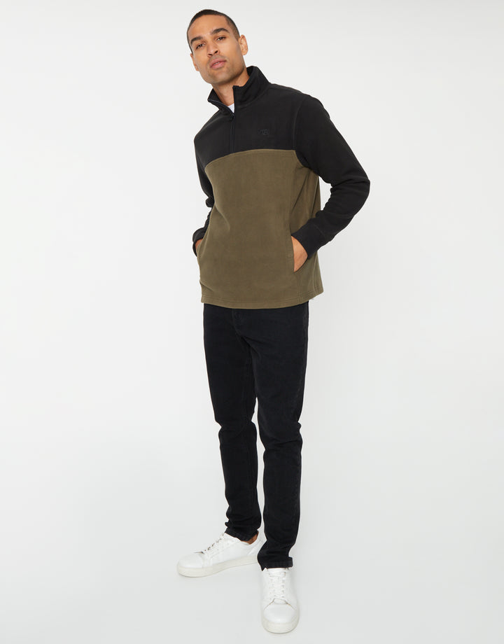 Black & Khaki Colourblock Quarter Zip Fleece