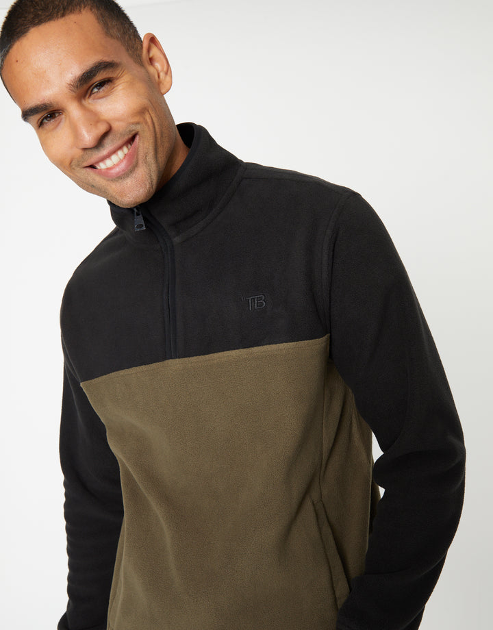 Black & Khaki Colourblock Quarter Zip Fleece