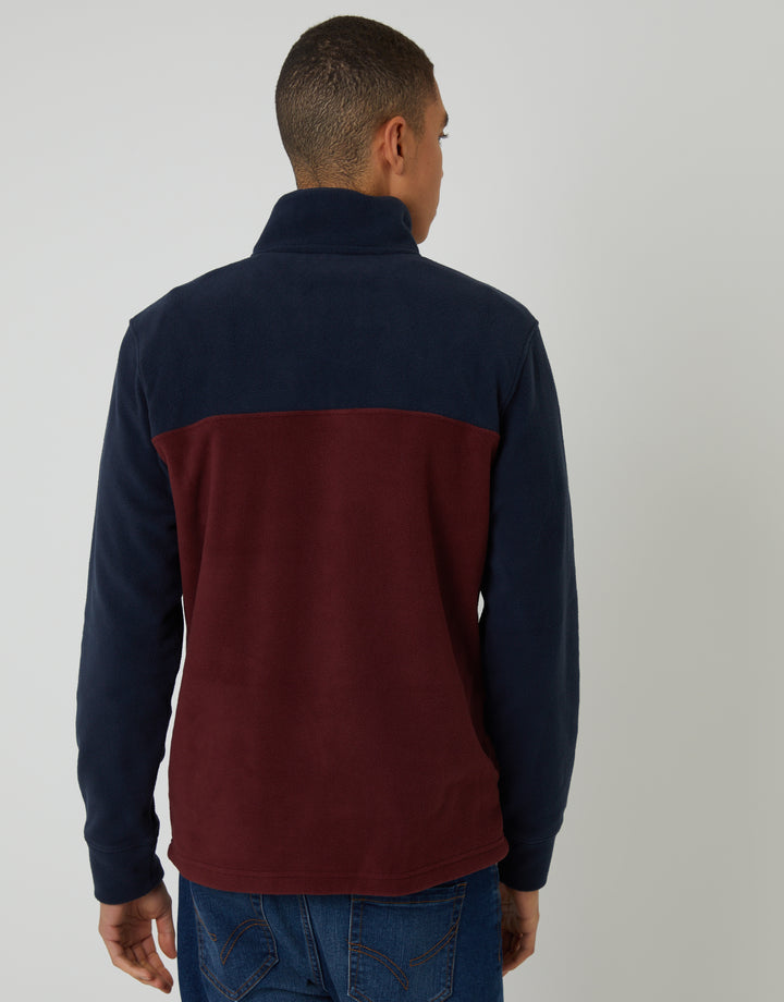 Navy & Burgundy Colourblock Quarter Zip Fleece