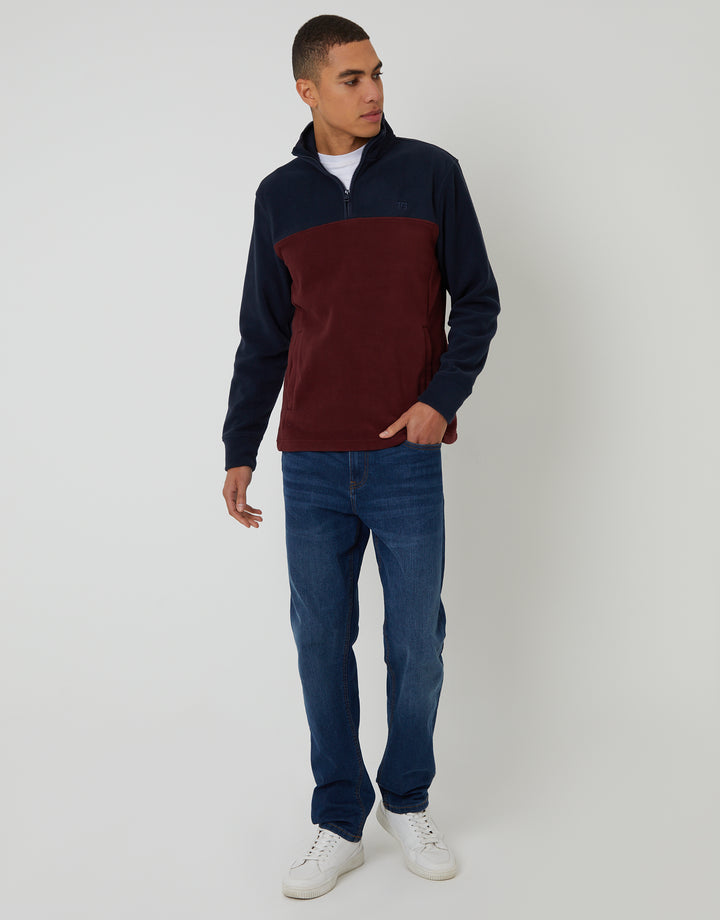 Navy & Burgundy Colourblock Quarter Zip Fleece