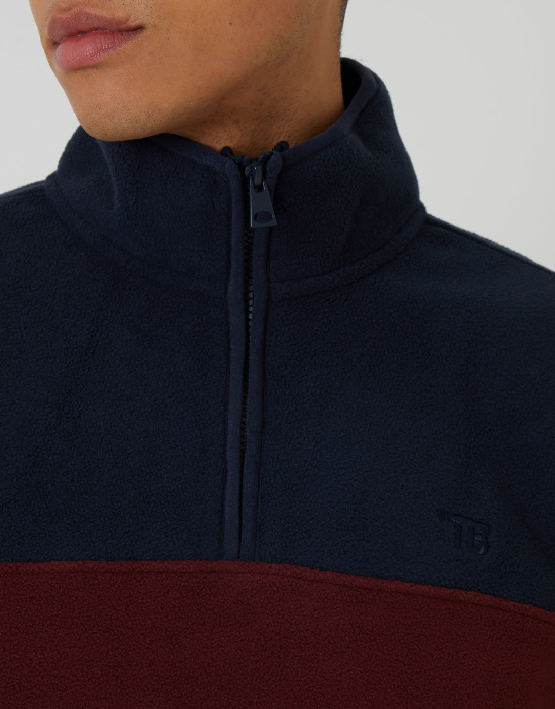 Navy & Burgundy Colourblock Quarter Zip Fleece