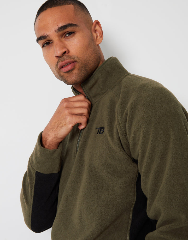 Khaki Green Contrast Side Panel Quarter Zip Fleece