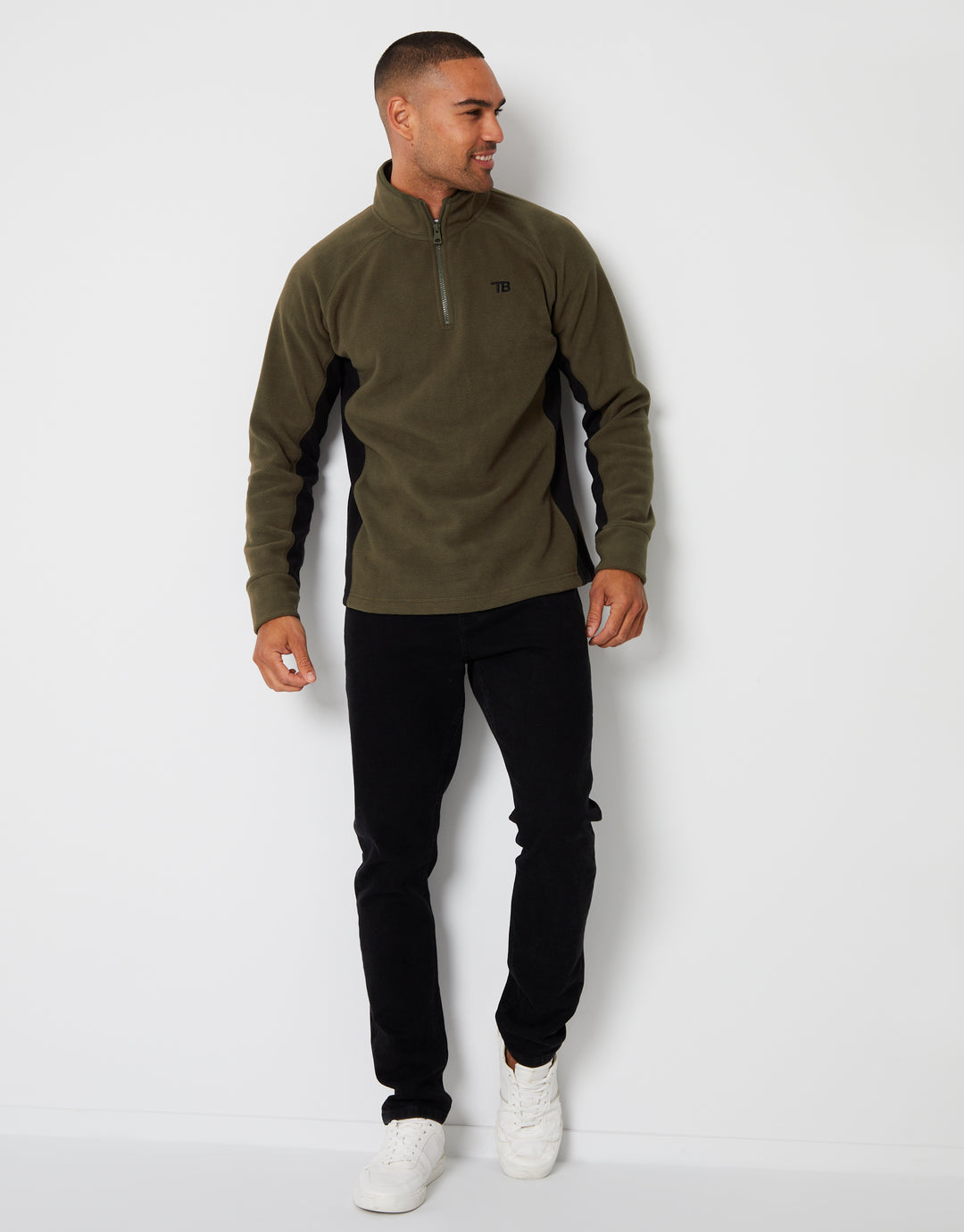 Khaki Green Contrast Side Panel Quarter Zip Fleece