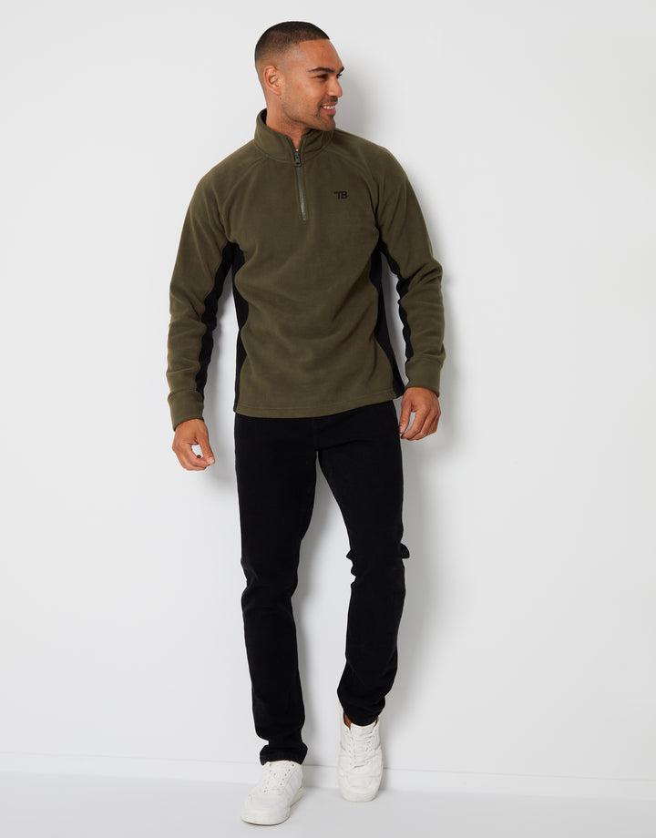 Khaki Green Contrast Side Panel Quarter Zip Fleece