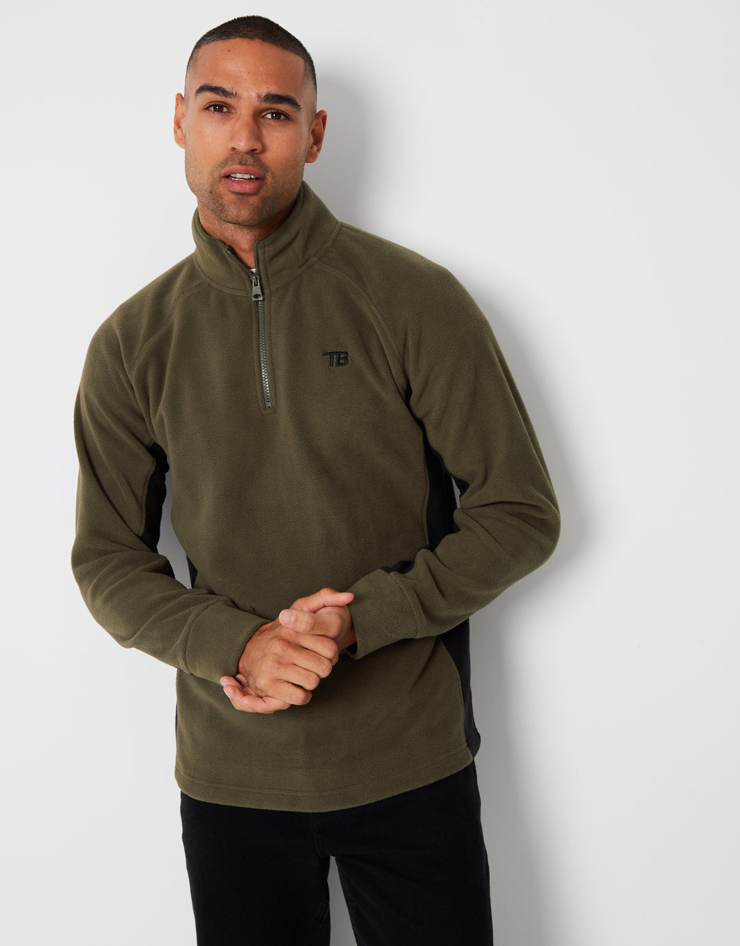 Khaki Green Contrast Side Panel Quarter Zip Fleece