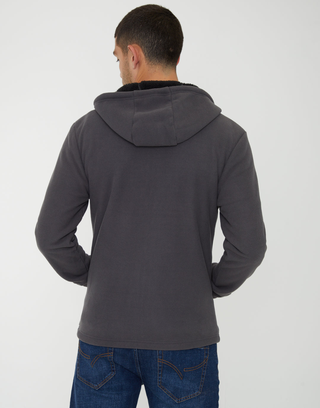 Slate Grey Waffle Textured Sherpa Lined Zip Through Hoodie