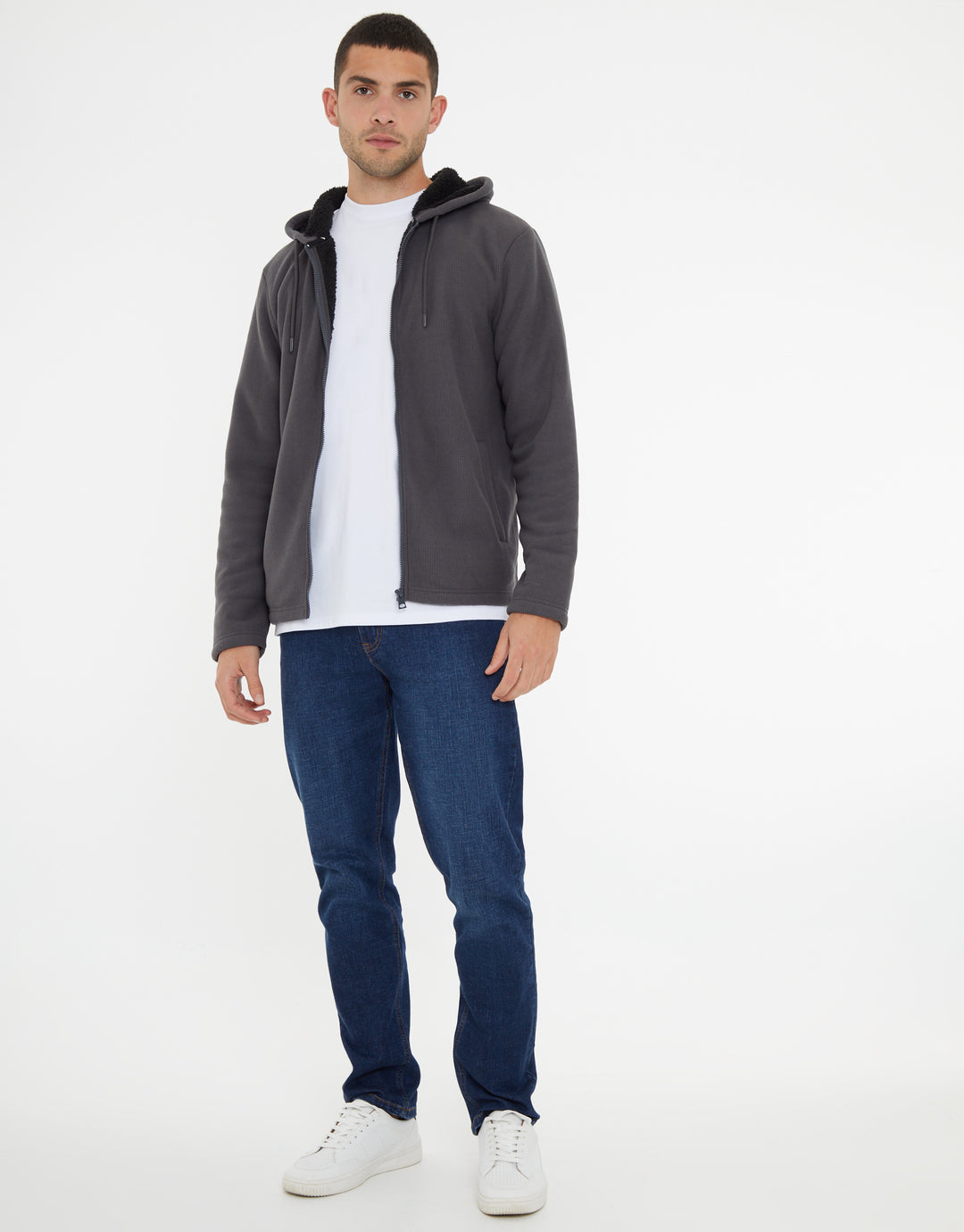 Slate Grey Waffle Textured Sherpa Lined Zip Through Hoodie