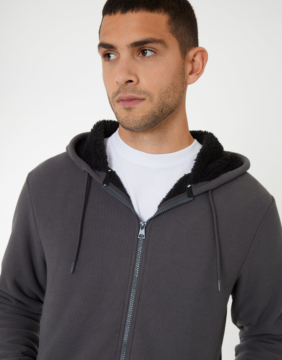 Slate Grey Waffle Textured Sherpa Lined Zip Through Hoodie