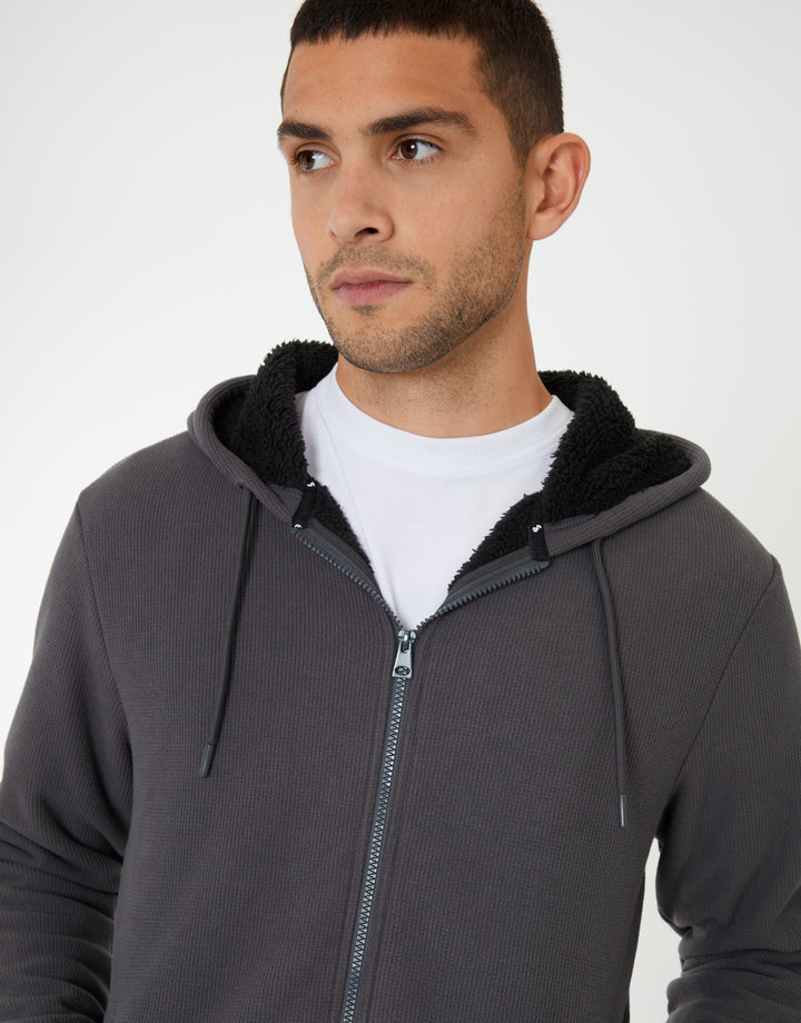 Slate Grey Waffle Textured Sherpa Lined Zip Through Hoodie