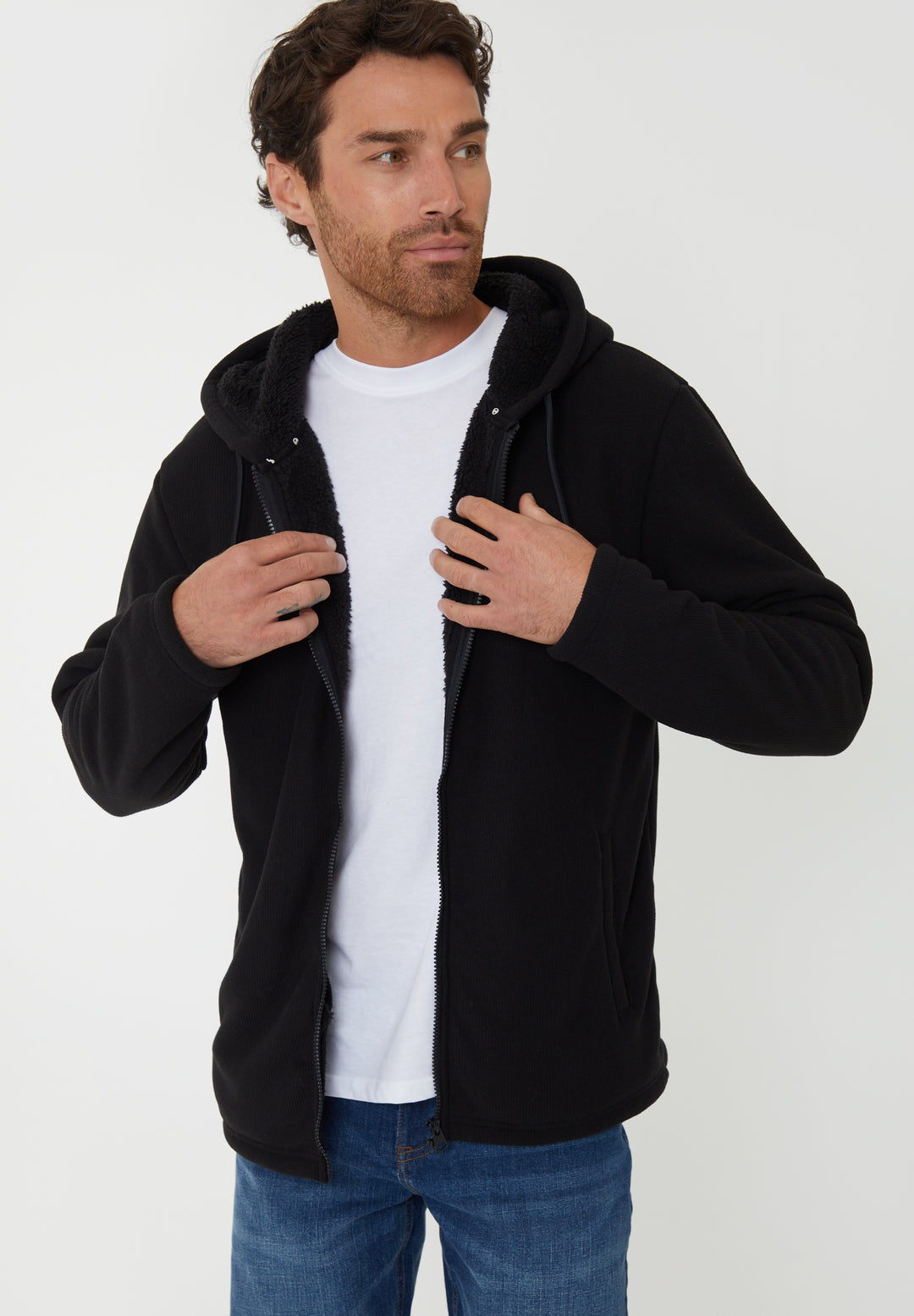Black Waffle Textured Sherpa Lined Zip Through Hoodie