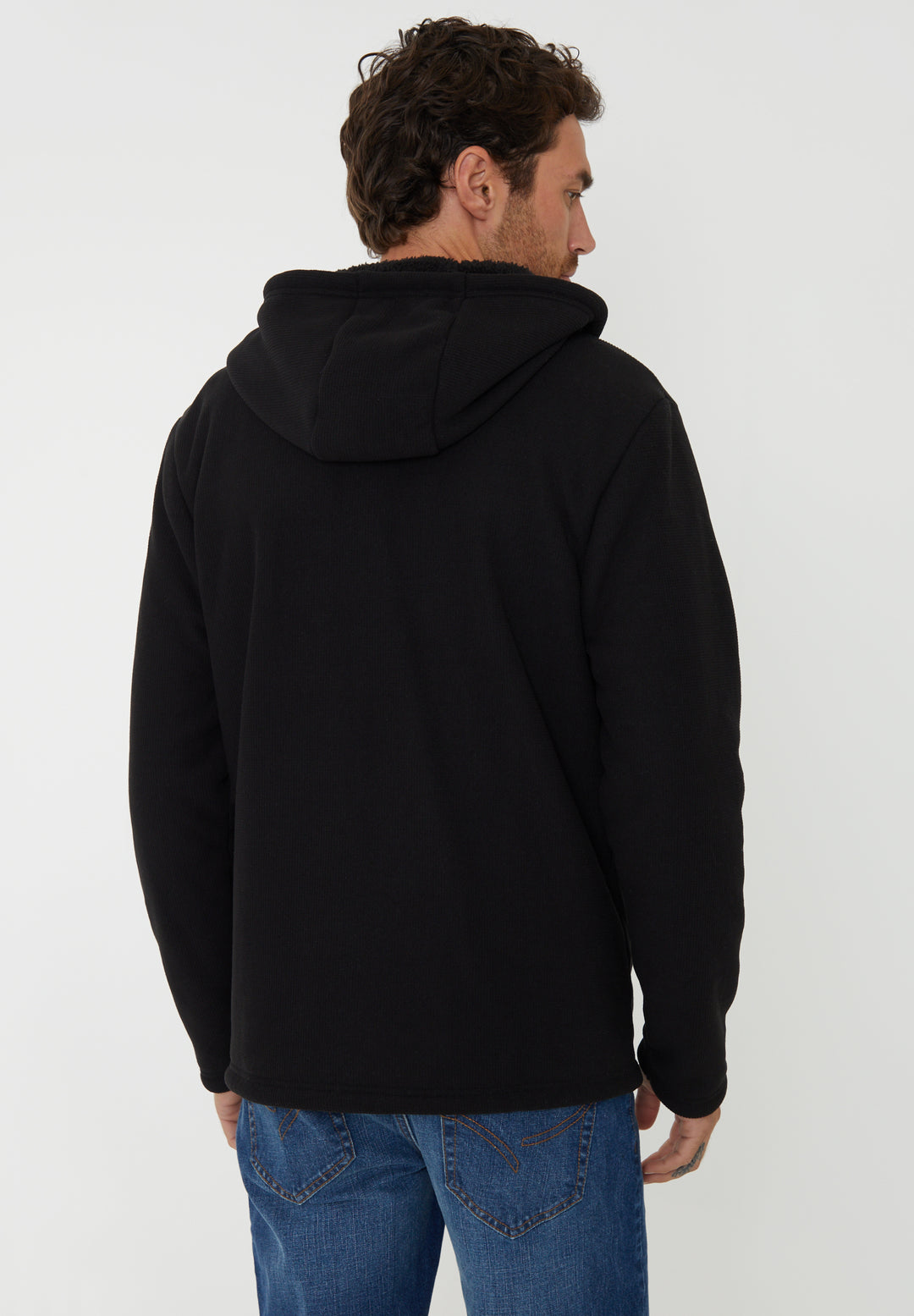 Black Waffle Textured Sherpa Lined Zip Through Hoodie