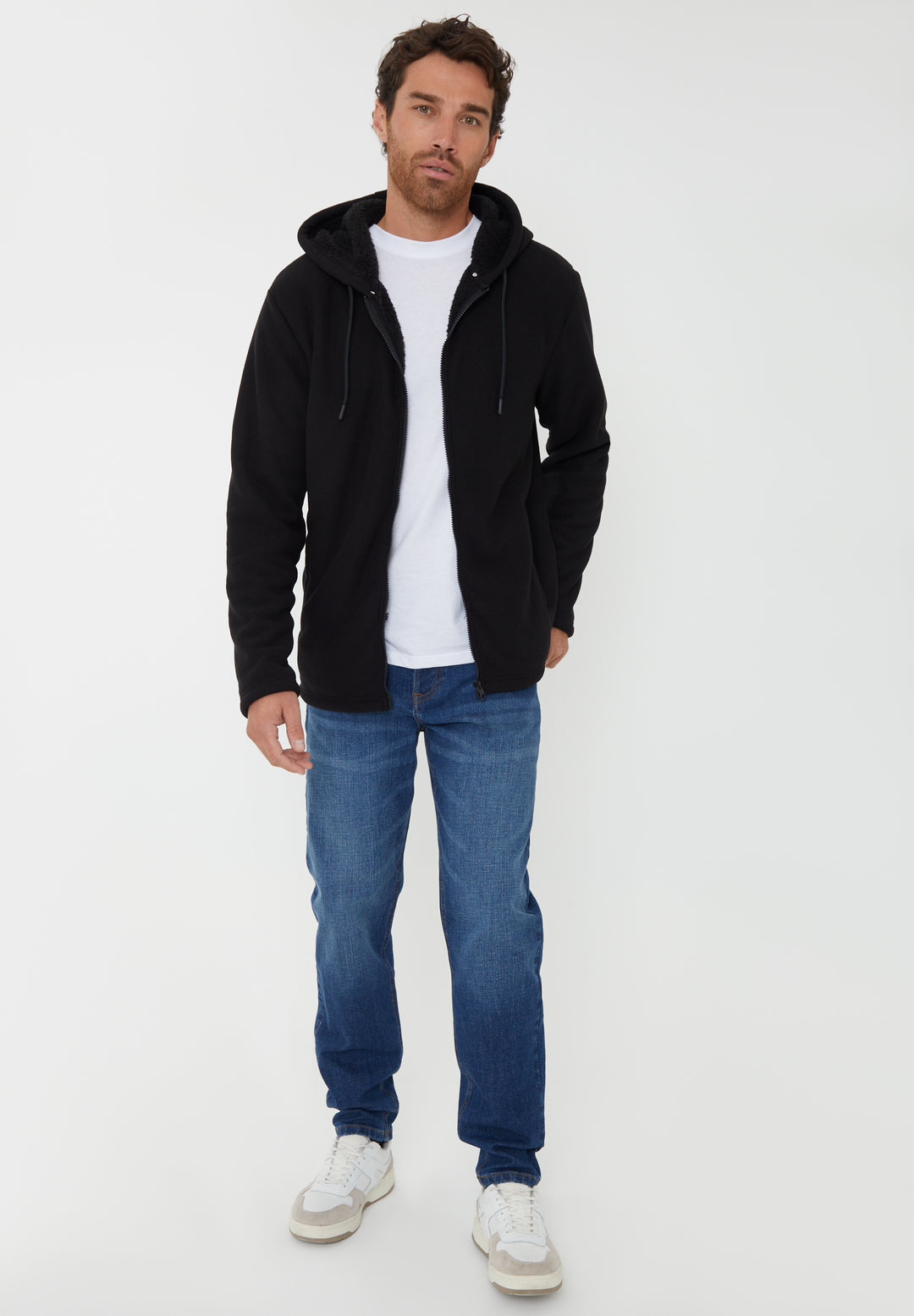 Black Waffle Textured Sherpa Lined Zip Through Hoodie