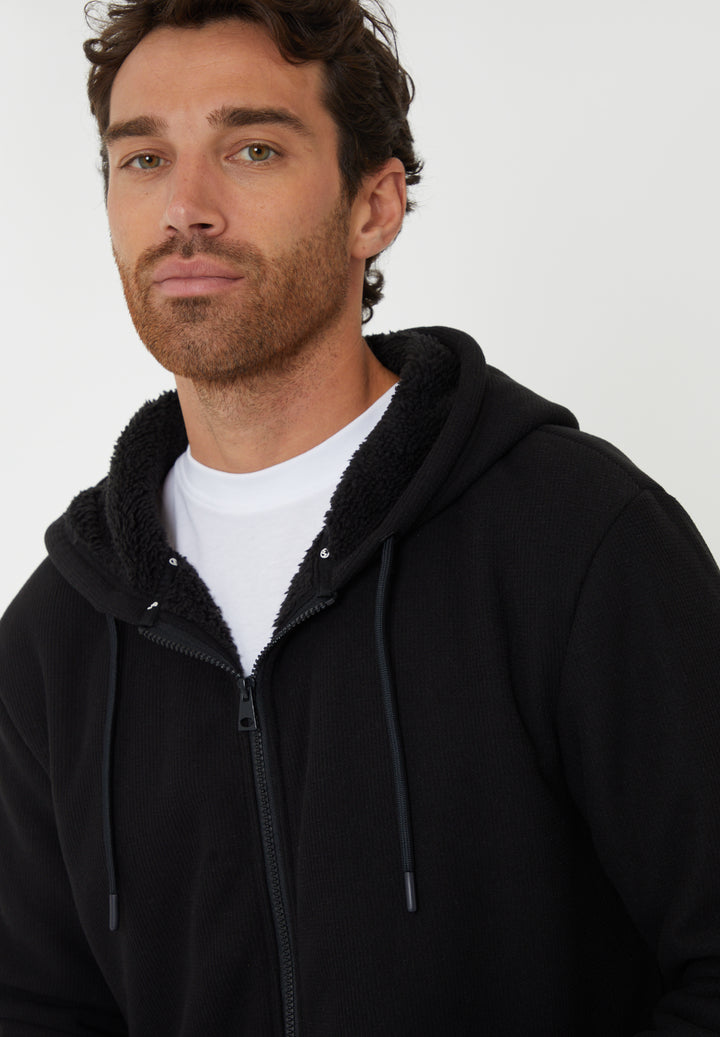 Black Waffle Textured Sherpa Lined Zip Through Hoodie