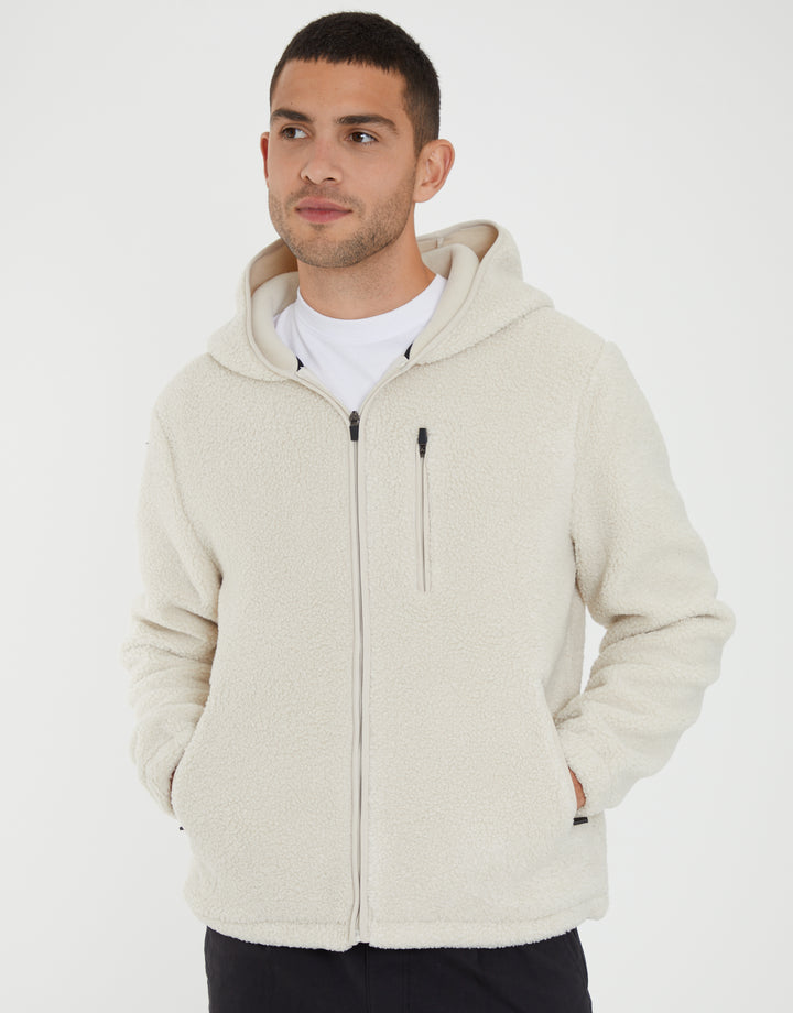 Ecru Zip Through Borg Hoodie