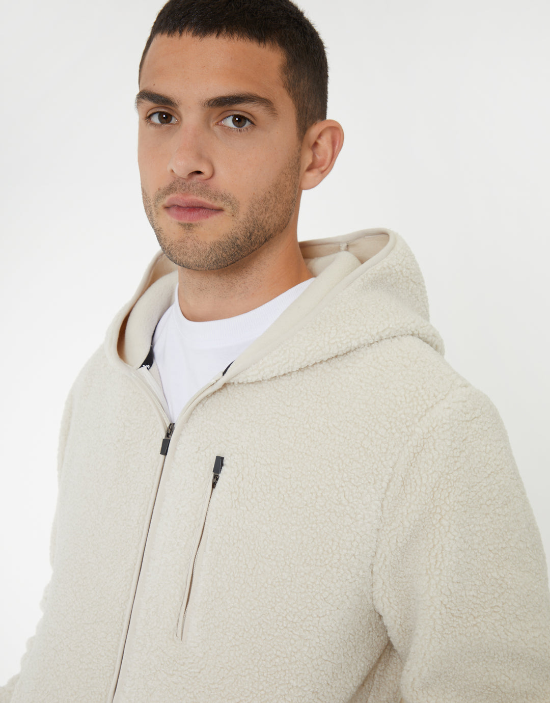 Ecru Zip Through Borg Hoodie