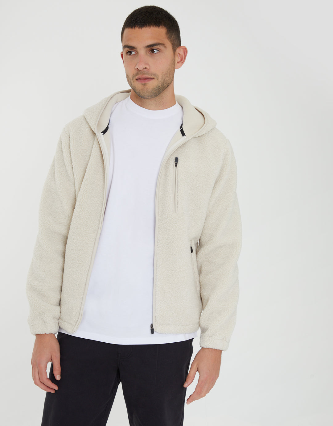 Ecru Zip Through Borg Hoodie