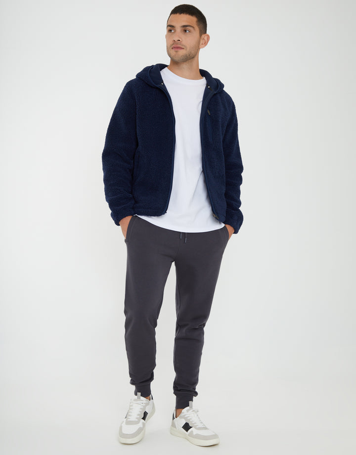 Navy Zip Through Borg Hoodie