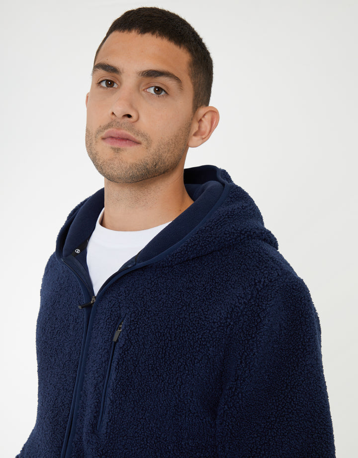 Navy Zip Through Borg Hoodie