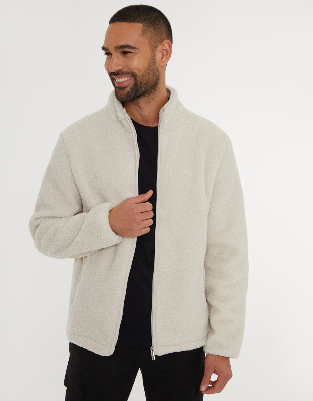 Ecru Zip Through Funnel Neck Borg Fleece