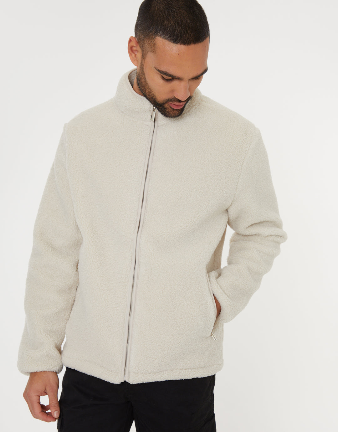 Ecru Zip Through Funnel Neck Borg Fleece