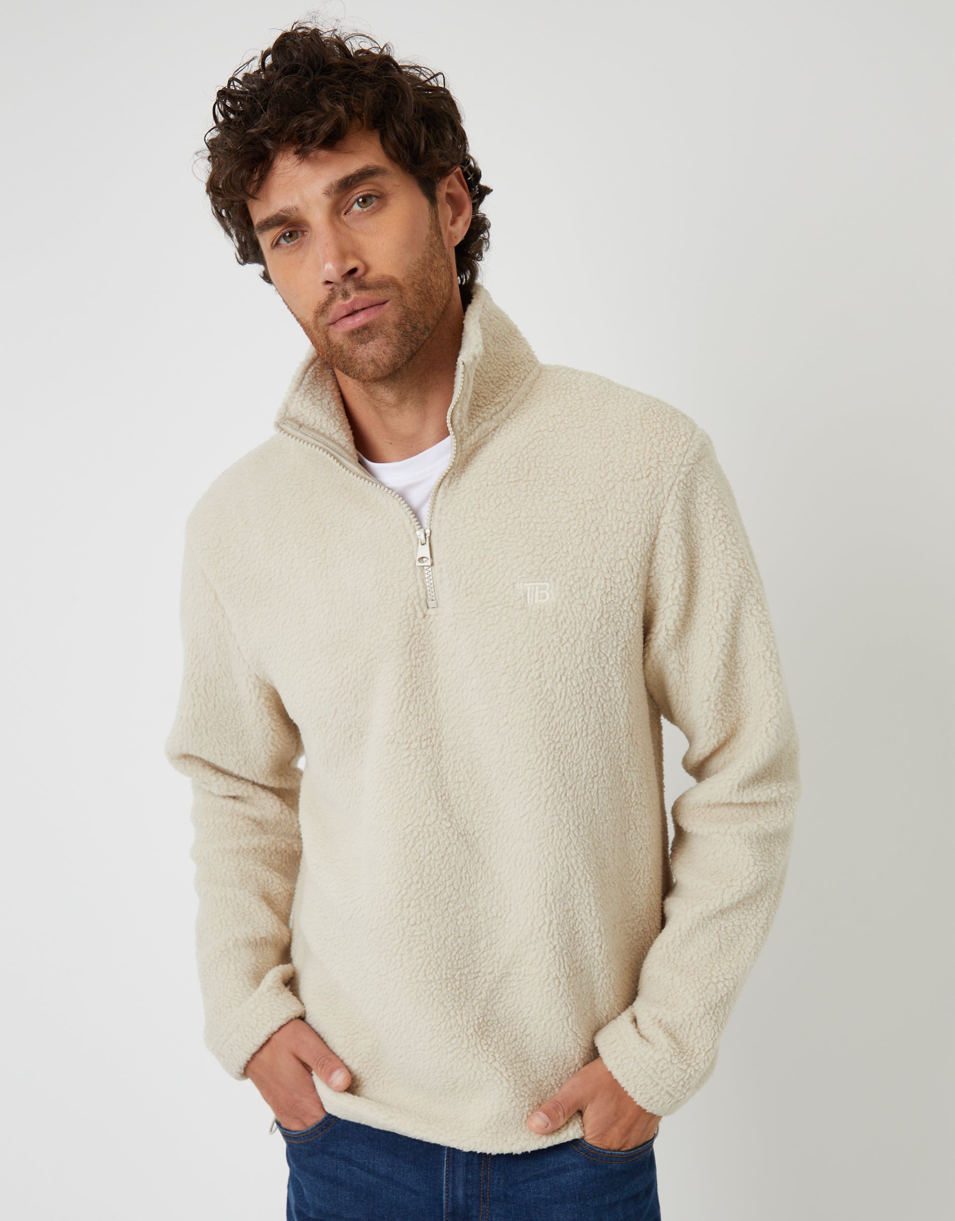 Threadbare Men's Stone Quarter Zip Borg Sweatshirt