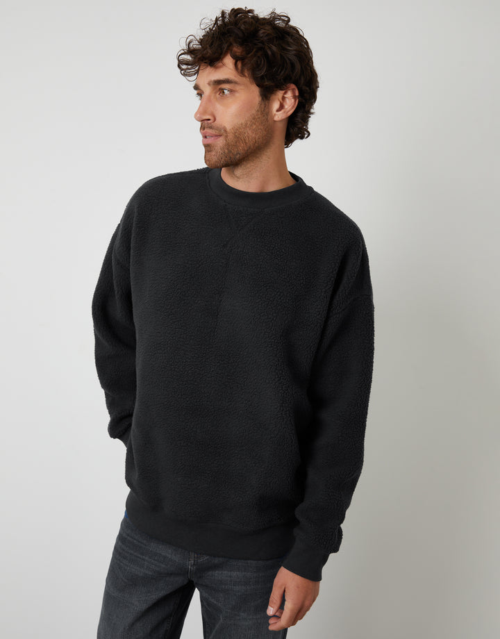 Black Relaxed Fit Crew Neck Borg Sweatshirt