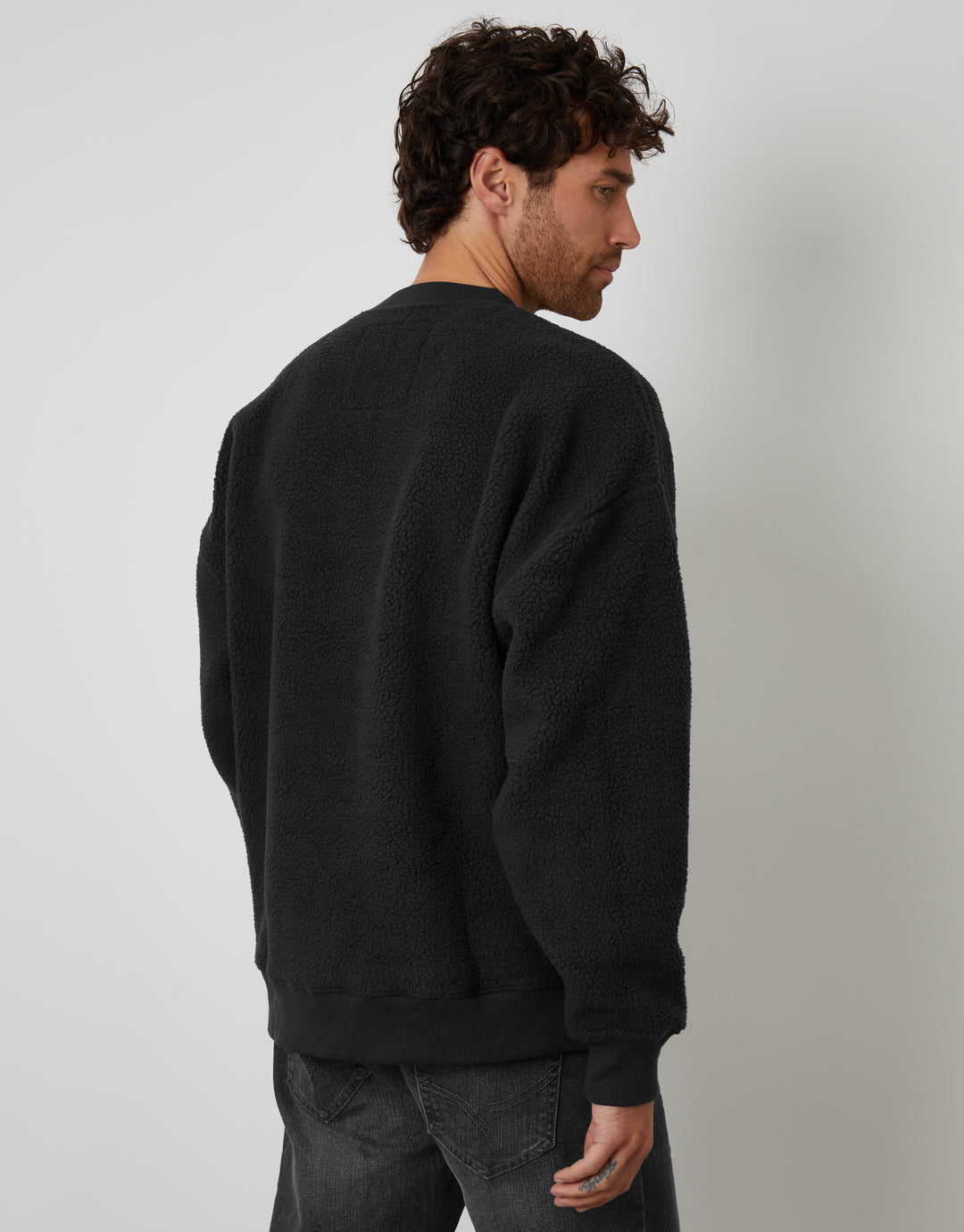 Black Relaxed Fit Crew Neck Borg Sweatshirt